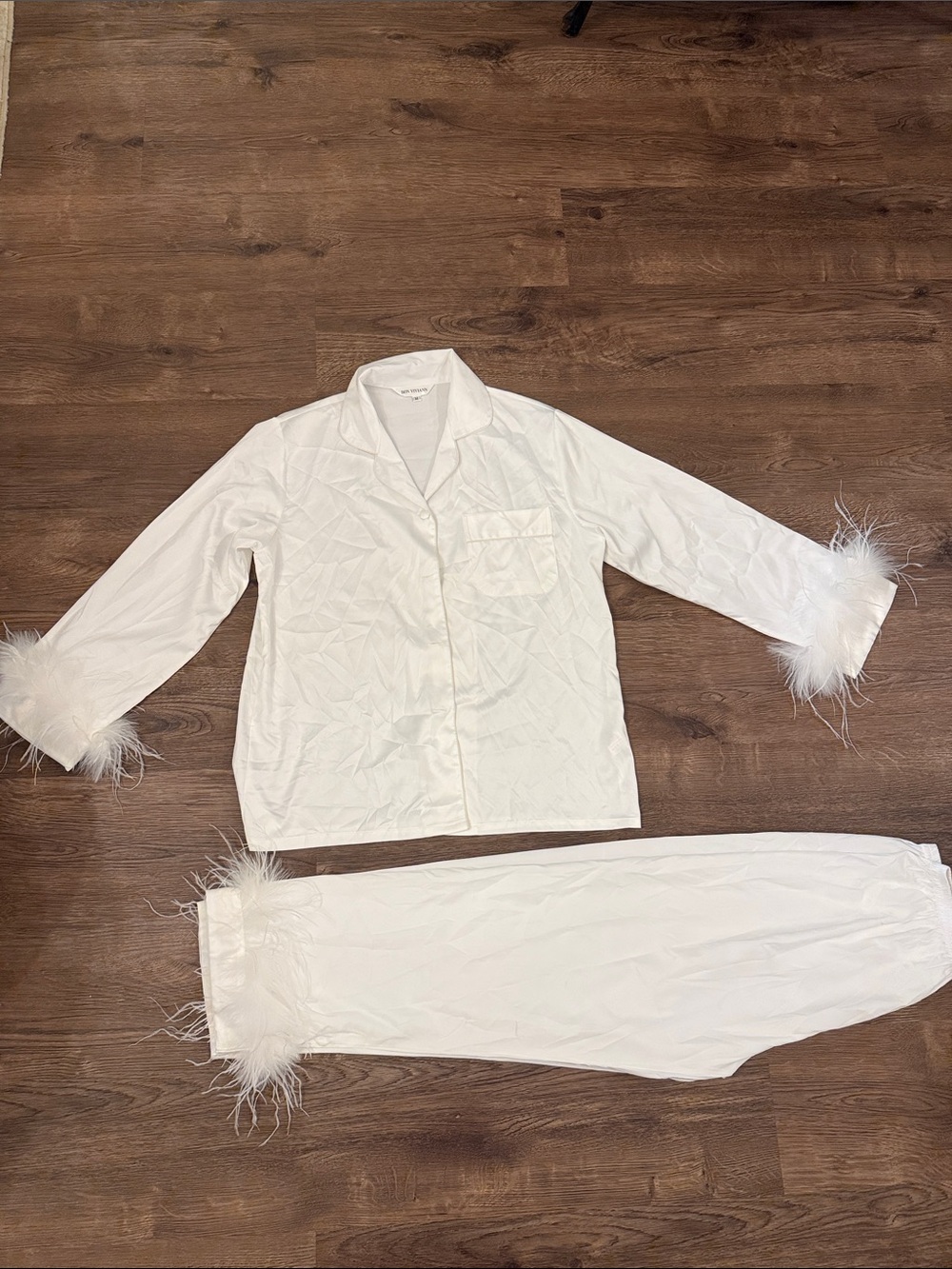 Feather Trim White Women's Pajama Set - Classic Button-Up